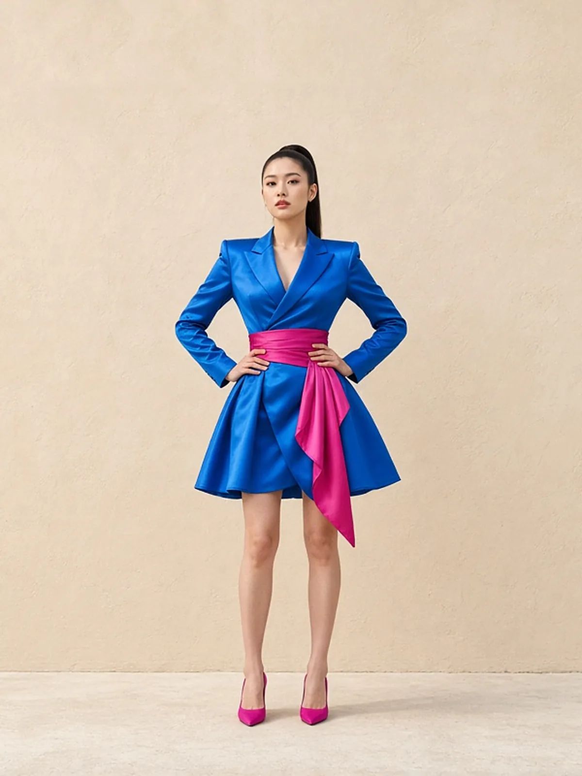 AI campaign art: A young East Asian woman with a high ponytail stands tall, hands on hips, against a cream wall in a cobalt satin blazer dress with a wide fuchsia sash and matching fuchsia pumps.