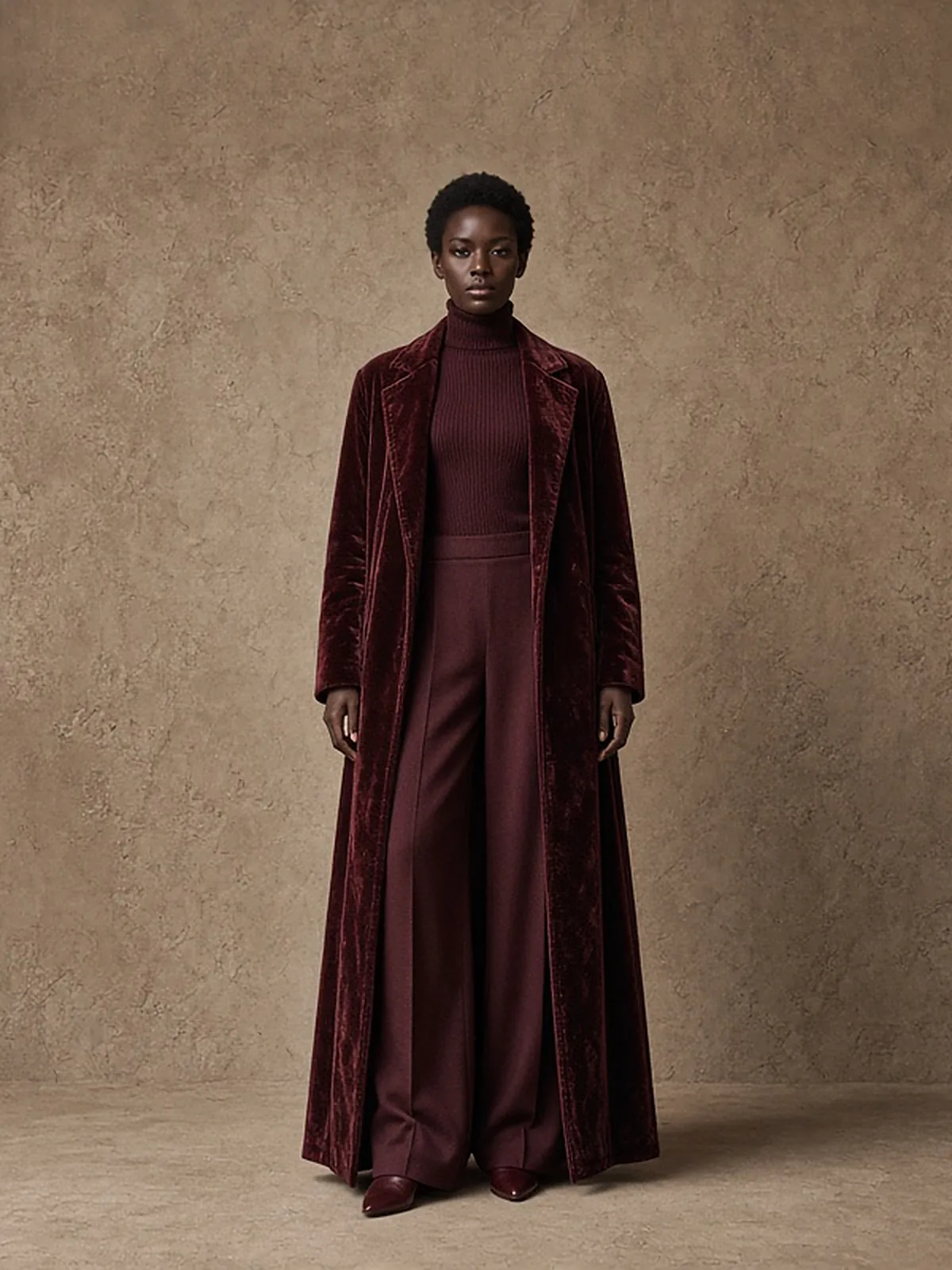 AI campaign art: A dark-skinned woman with close-cropped natural hair stands full length against a mottled taupe plaster wall, dressed head to toe in oxblood: a floor-length crushed-velvet coat, a ribbed turtleneck, wide trousers and pointed boots.