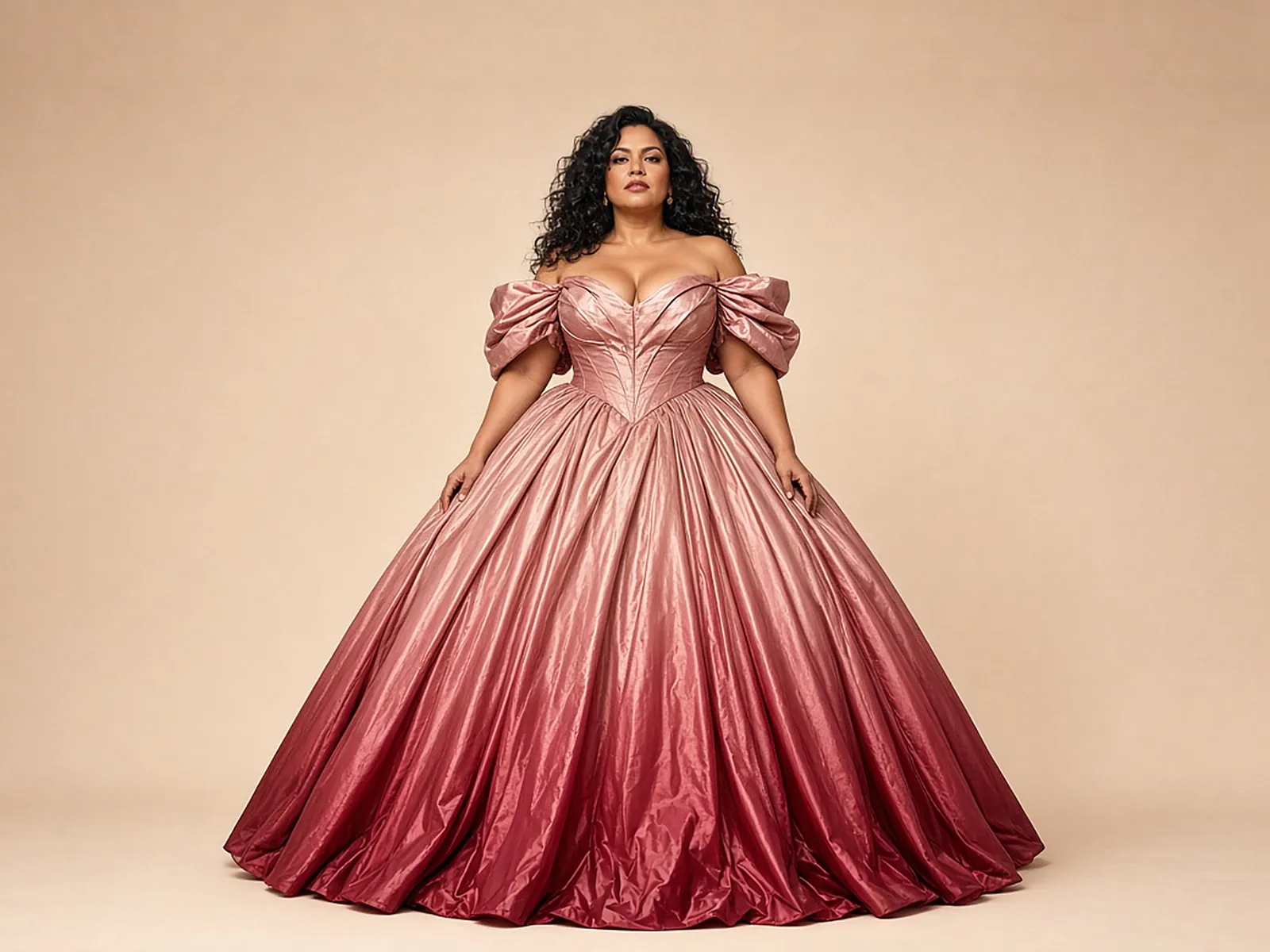 AI campaign art: A plus-size, brown-skinned woman with voluminous black curls stands centered on a cream backdrop in a dramatic off-the-shoulder ball gown whose metallic rose skirt deepens to crimson at the hem, the full skirt spread wide and entirely in frame.