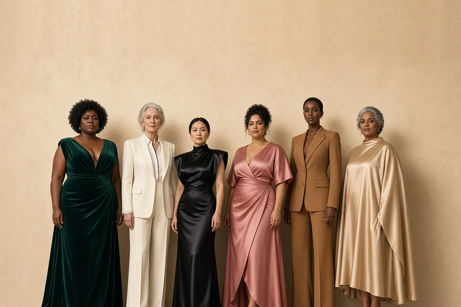 AI campaign art: Six women of different sizes, skin tones and ages stand in a row against a warm plaster wall, meeting the camera: a plus-size Black woman in an emerald velvet gown, a silver-haired older woman in an ivory trouser suit, an East Asian woman in a black satin column dress, a curvy woman in a rose satin wrap dress, a Black woman in a camel trouser suit, and a silver-haired older woman in a gold satin cape gown.