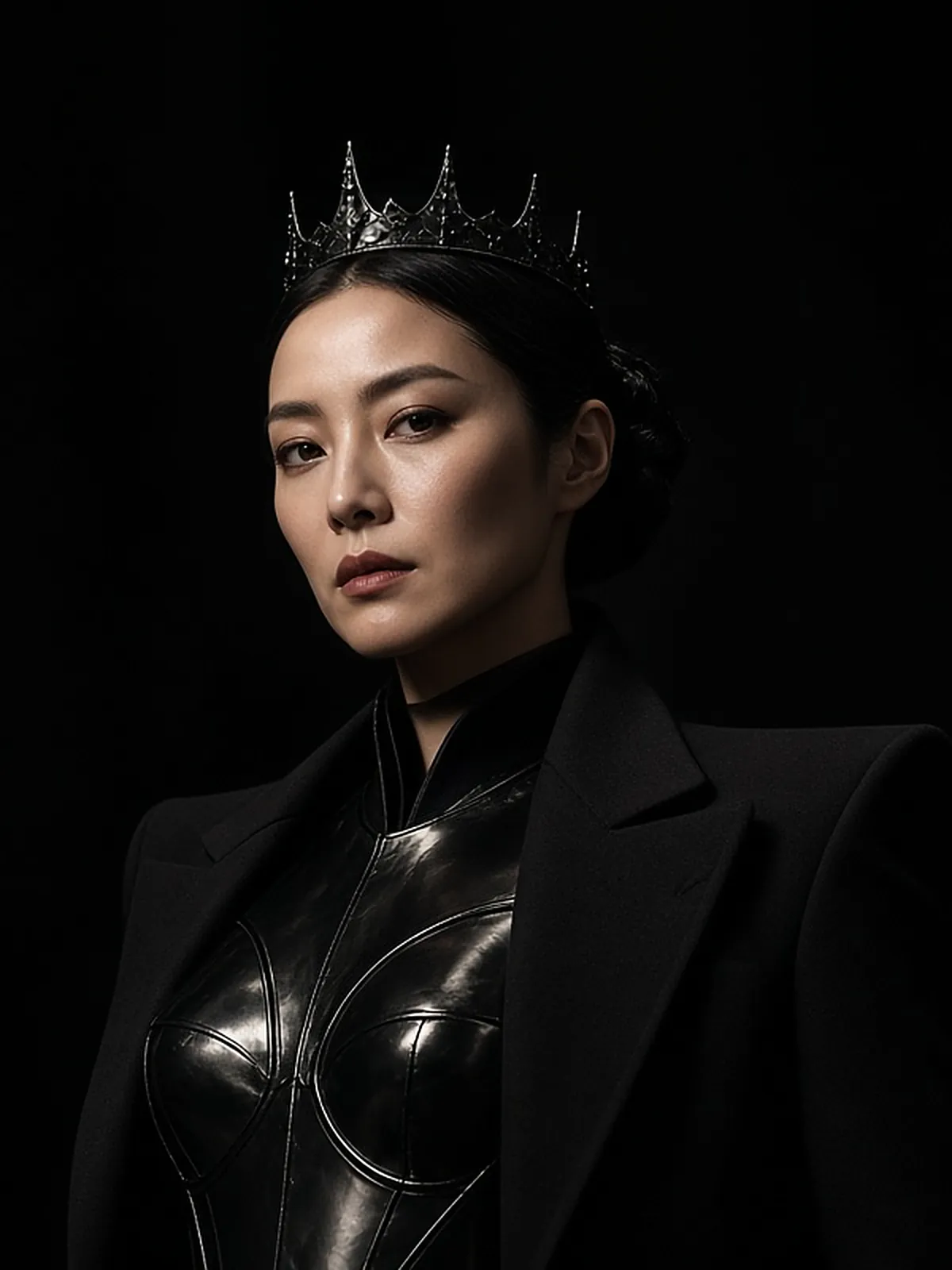 AI campaign art: An East Asian warrior queen in a black jeweled crown, glossy black sculpted breastplate and sharp-shouldered black blazer gives a calm, intense look out of deep shadow.